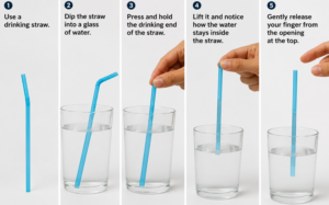 Use a drinking straw to demonstrate how it retains liquid. Dip the straw into a glass of water, then press and hold the drinking end of the straw. Lift it and notice how the water stays inside the straw. Gently release your finger from the opening at the top.