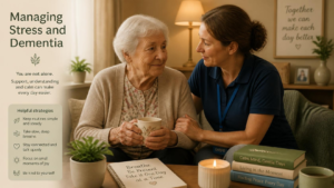 An older adult and a carer sitting together calmly, illustrating how to manage stress and dementia