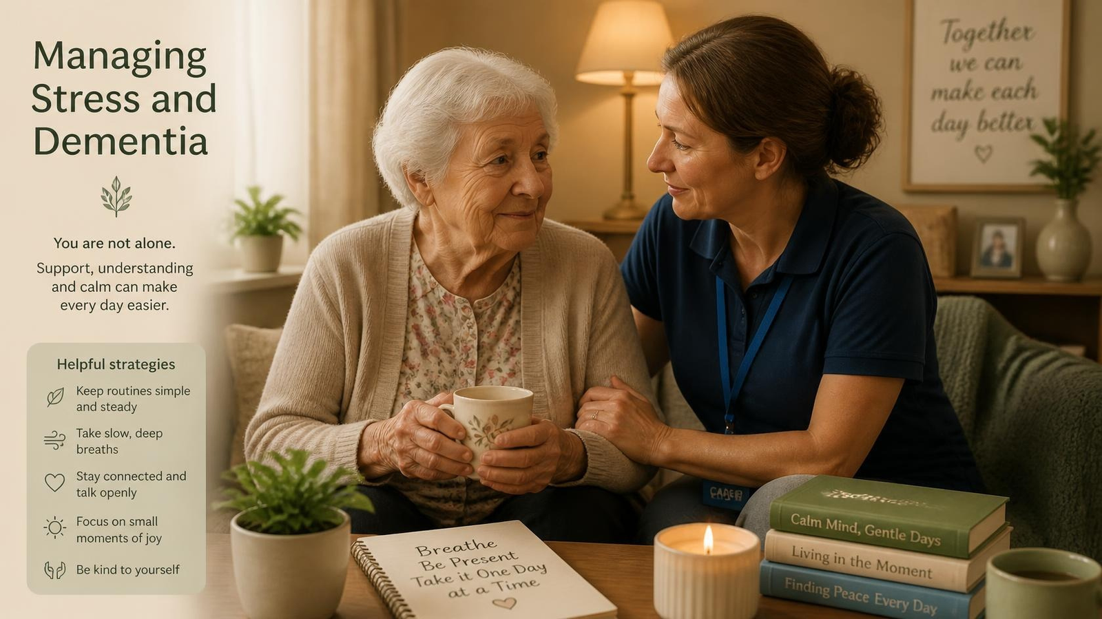 An older adult and a carer sitting together calmly, illustrating how to manage stress and dementia