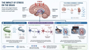 What is the impact of stress on the brain? Stress affects the brain in several connected ways. Firstly, it raises cortisol, which can shrink the hippocampus over time. Secondly, it triggers inflammation, which disturbs how brain cells communicate. Thirdly, it disrupts sleep, and poor sleep stops the brain from clearing waste products properly overnight. What is the impact of stress on the brain? Stress affects the brain in several connected ways. Firstly, it raises cortisol, which can shrink the hippocampus over time. Secondly, it triggers inflammation, which disturbs how brain cells communicate. Thirdly, it disrupts sleep, and poor sleep stops the brain from clearing waste products properly overnight.