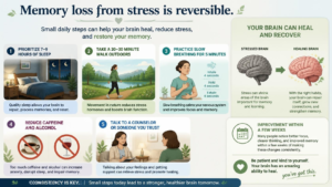 How to Reverse Memory Loss From Stress Memory loss caused by stress alone is often reversible, unlike memory loss from dementia. The brain has a strong ability to recover once stress levels drop. How to Reverse Memory Loss From Stress Memory loss caused by stress alone is often reversible, unlike memory loss from dementia. The brain has a strong ability to recover once stress levels drop.
