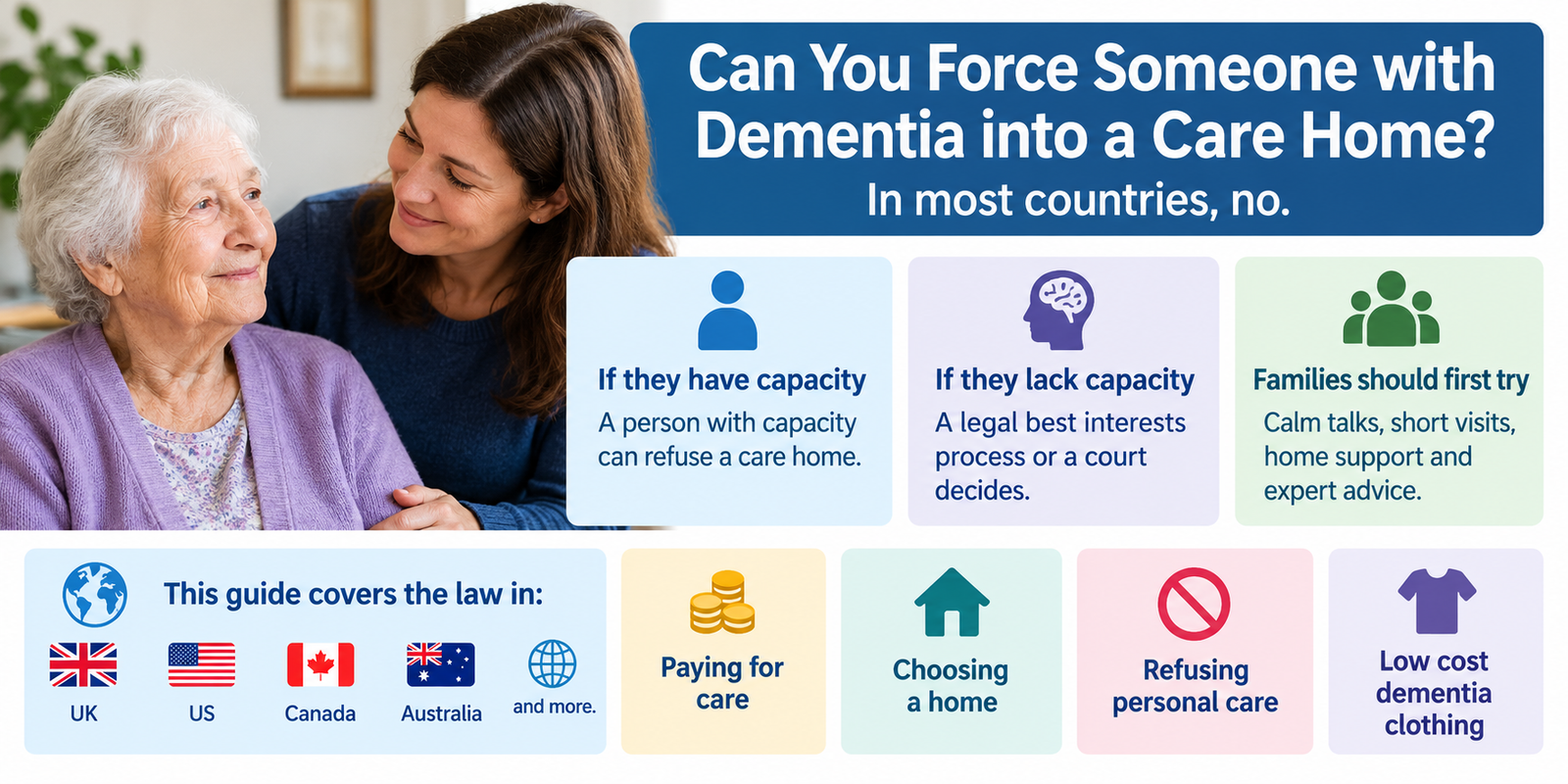 Can you force someone with dementia into a care home In most countries, no. A person with capacity can refuse.