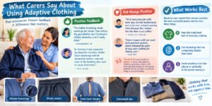 What Carers Say About Using Adaptive Clothing

Families who have tried adaptive clothing often notice a difference within the first week. One granddaughter, whose grandfather has Parkinsons related dementia, said hidden fastenings made mornings far calmer than before. Carers who took part in clothing trials organised by dementia charities reported that hidden touch fastenings behind decorative buttons removed most of the fumbling that used to cause frustration.