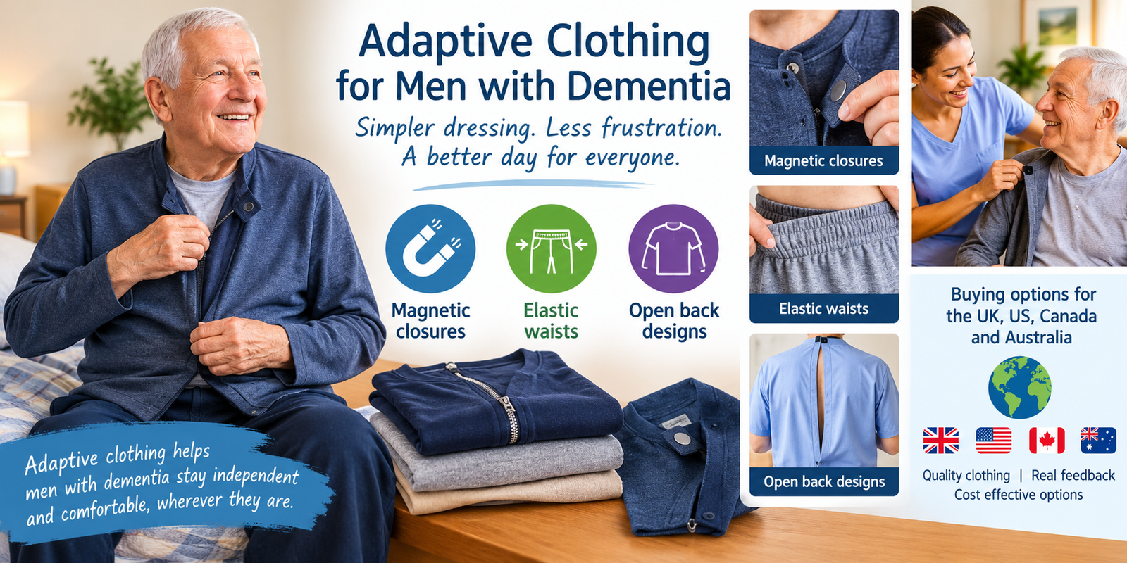 Adaptive clothing for men with dementia uses magnetic closures, elastic waists, and open back designs to make dressing simpler anywhere in the world. It reduces frustration for the person and their carer.