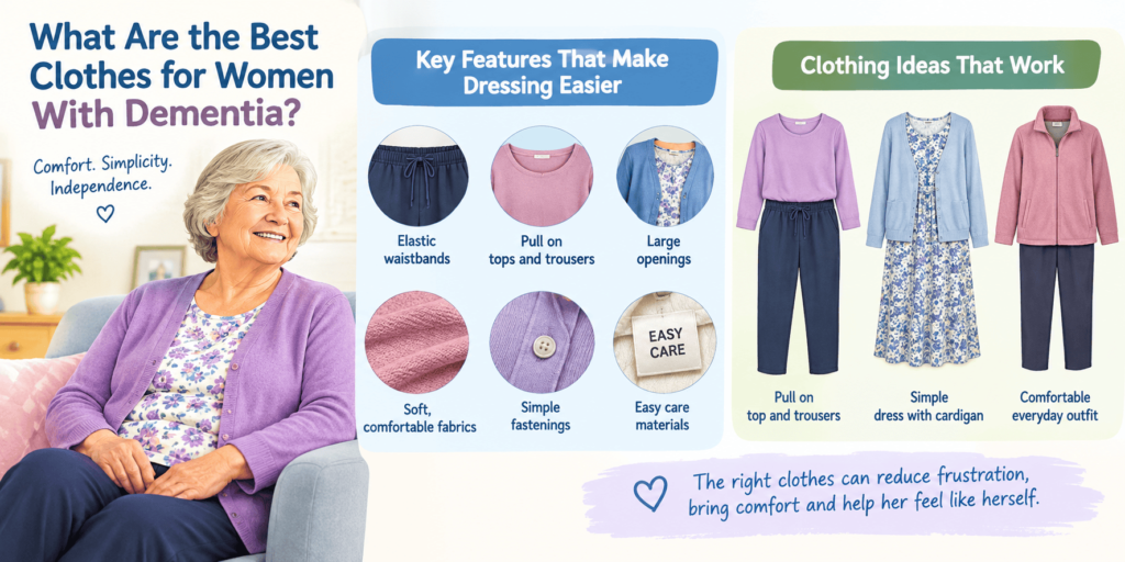 Clothing needs often change when incontinence becomes part of daily care. Quick access matters here more than anything else. Elastic waist trousers or wrap skirts allow fast changes, which helps protect her dignity during an accident.