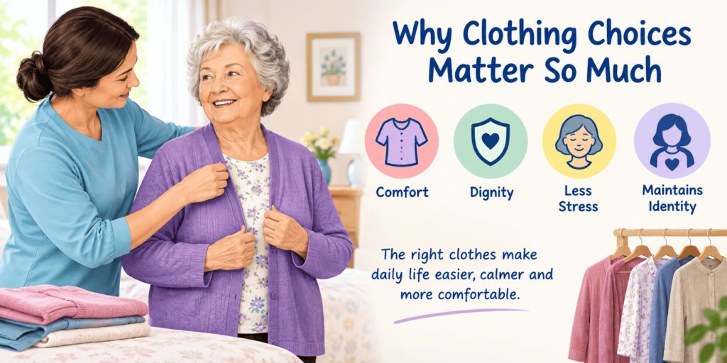 Good dementia clothing should always put comfort first. However, it should never feel medical or babyish, since this can affect her confidence and mood.