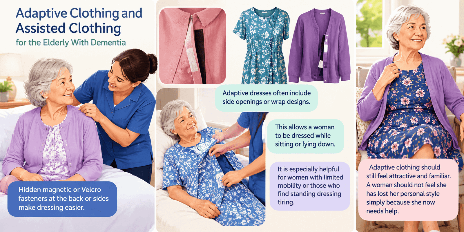The best clothes for women with dementia are soft, simple and easy to put on. Look for elastic waistbands, pull on tops and trousers, and large openings. These features reduce frustration for both the woman and her carer, while still allowing her to look and feel like herself. Adaptive clothing, easy wear clothing for the elderly with dementia, and familiar everyday outfits can all work well, depending on her stage of dementia and how much support she needs.